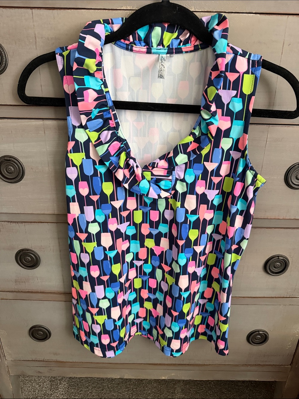 Lulu-B Navy Sleeveless Ruffle Neck Tank w Multi-Color Cocktail glass print